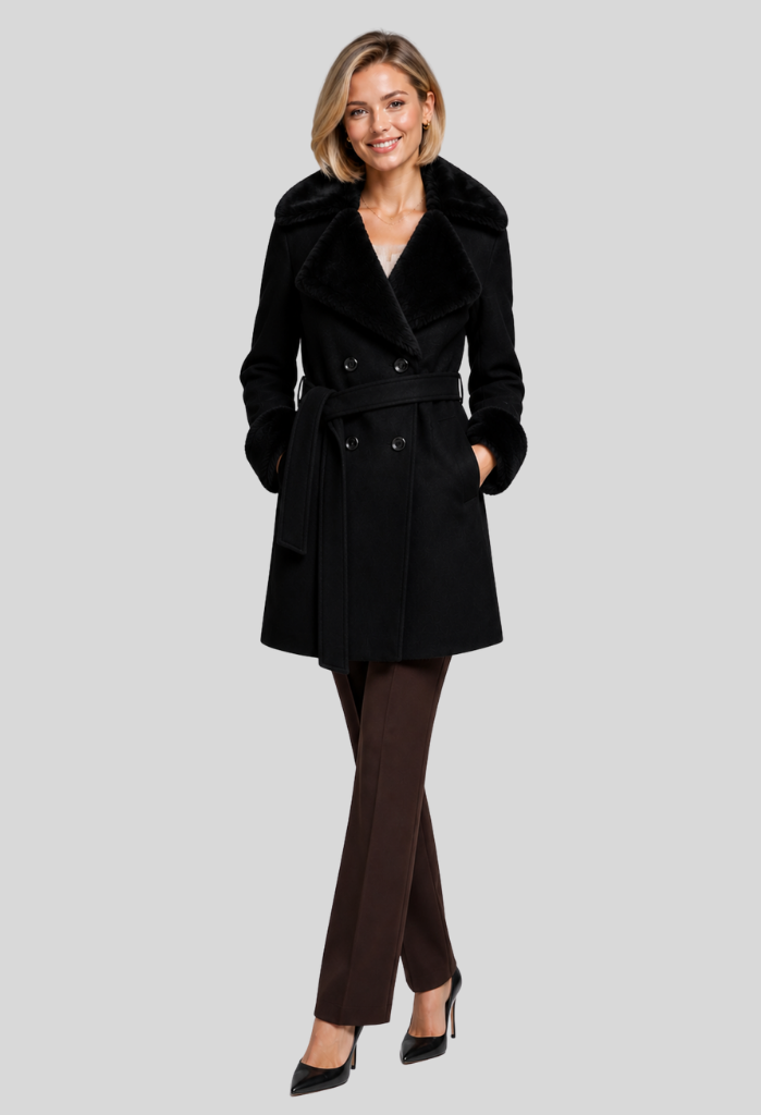 Arnaiz Double Breasted Faux Fur Trim Wrap Coat