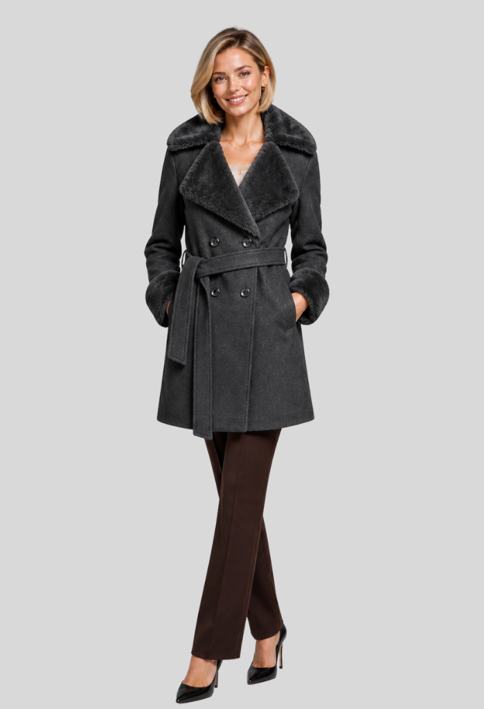 Arnaiz Double Breasted Faux Fur Trim Wrap Coat