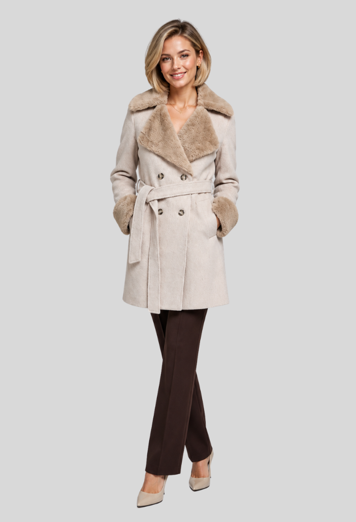 Arnaiz Double Breasted Faux Fur Trim Wrap Coat