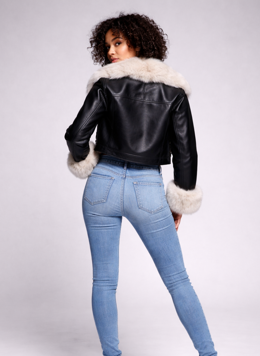 Bern Faux Fur Collar Cropped Biker Jacket