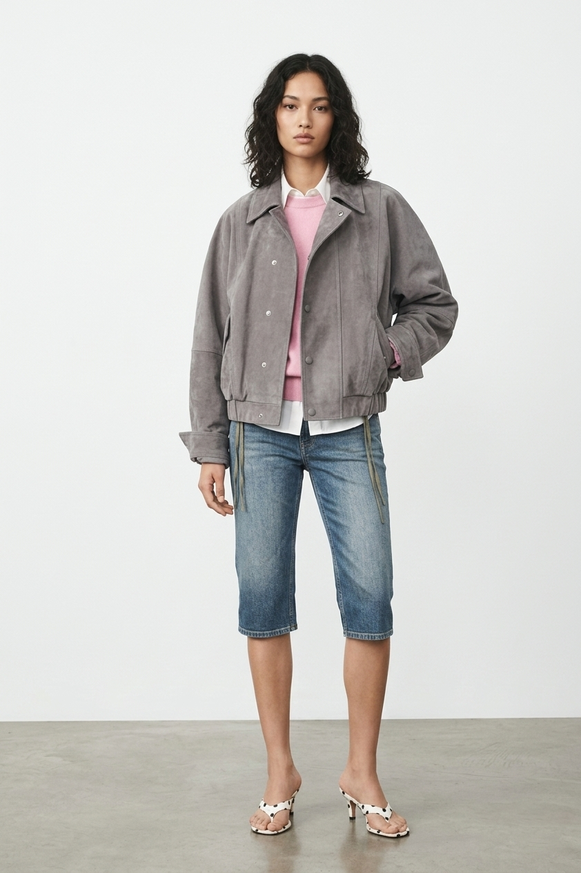 Chansey Oversized Slate Suede Bomber