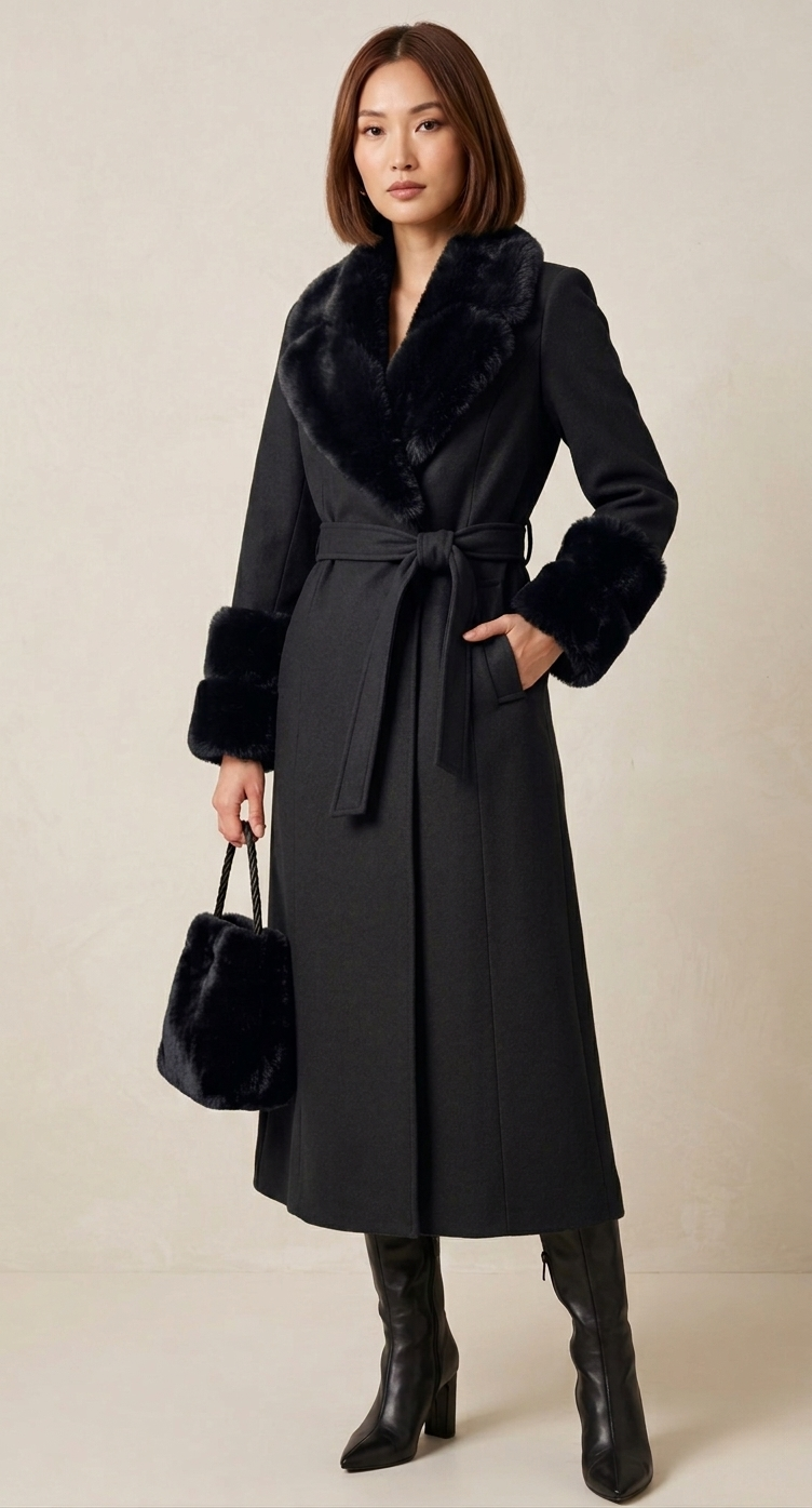Dublin Fur Trim Wrap Coat with Matching Bag