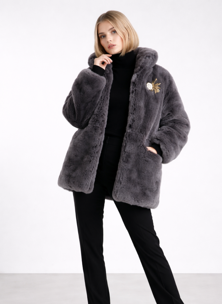 Grenoble Vintage Faux Fur Jacket with Gold Brooch