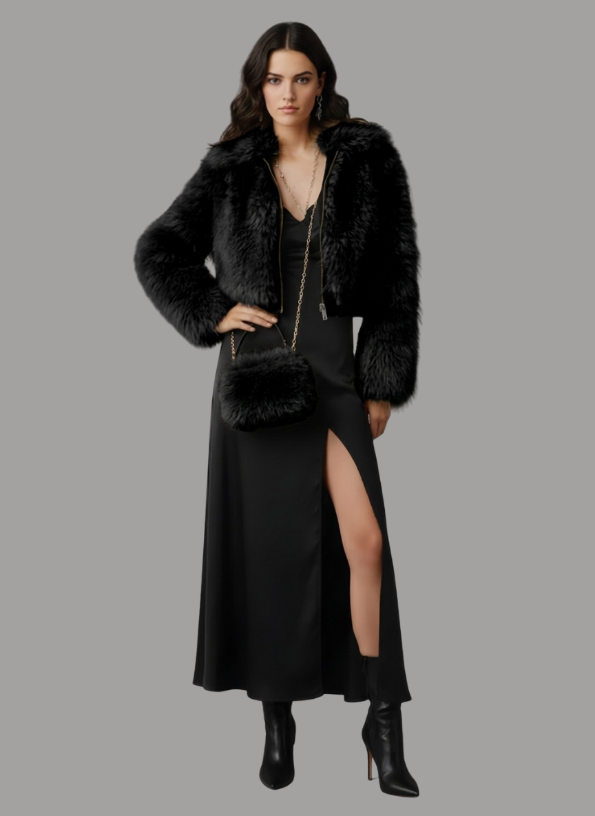 London Lewisham Short Shaggy Fur Coat with Bag